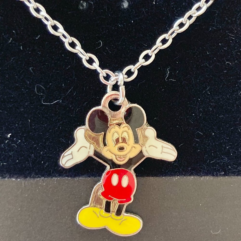 Vintage Disney Mickey Mouse Charm Necklace Disneyana Enamel Smiling signed